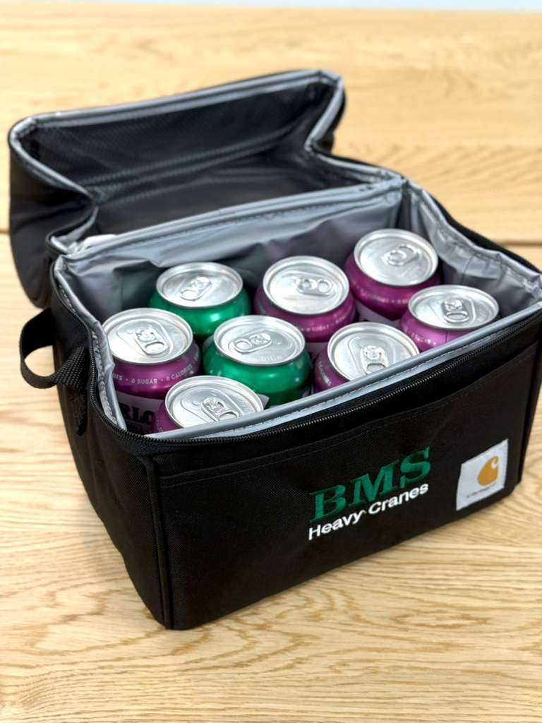 Open BMS Black Cooler Bag from Job-Site Series holding 8 beverage cans, featuring thermal lining and BMS Heavy Cranes logo.