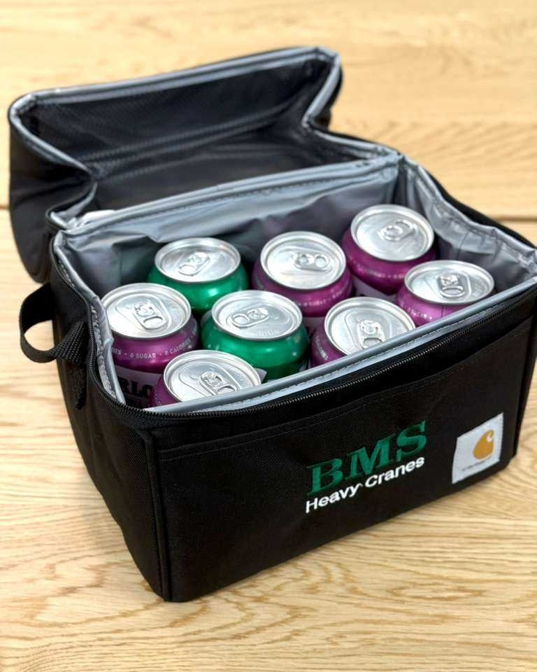 Open BMS Black Cooler Bag from Job-Site Series holding 8 beverage cans, featuring thermal lining and BMS Heavy Cranes logo.
