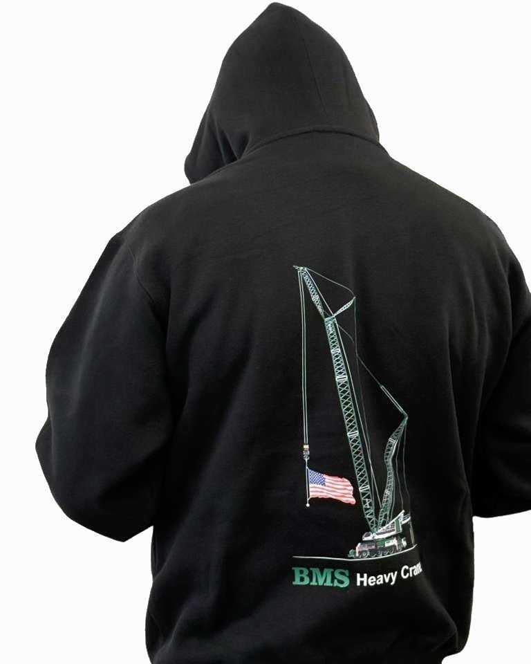 Back view of BMS Black Hoodie 100% Cotton LG1750 featuring detailed crane graphic with American flag, ideal for workwear streetwear.