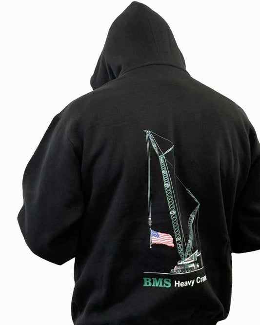 Back view of BMS Black Hoodie 100% Cotton LG1750 featuring detailed crane graphic with American flag, ideal for workwear streetwear.