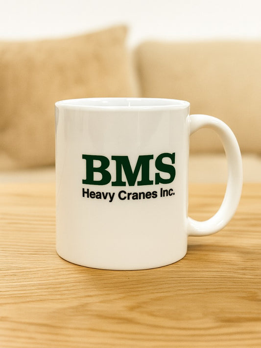 BMS | White Ceramic Mug | Crane Graphic | Workday Essentials