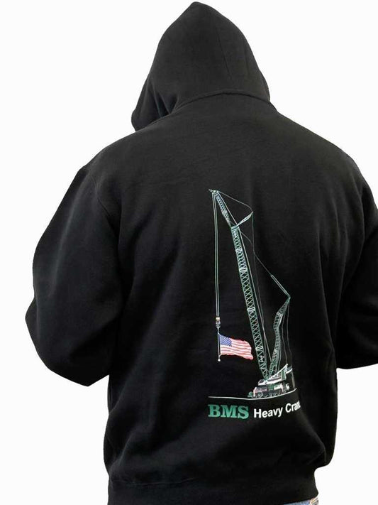 Back view of BMS Black Hoodie 100% Cotton LG1750 featuring detailed crane graphic with American flag, ideal for workwear streetwear.